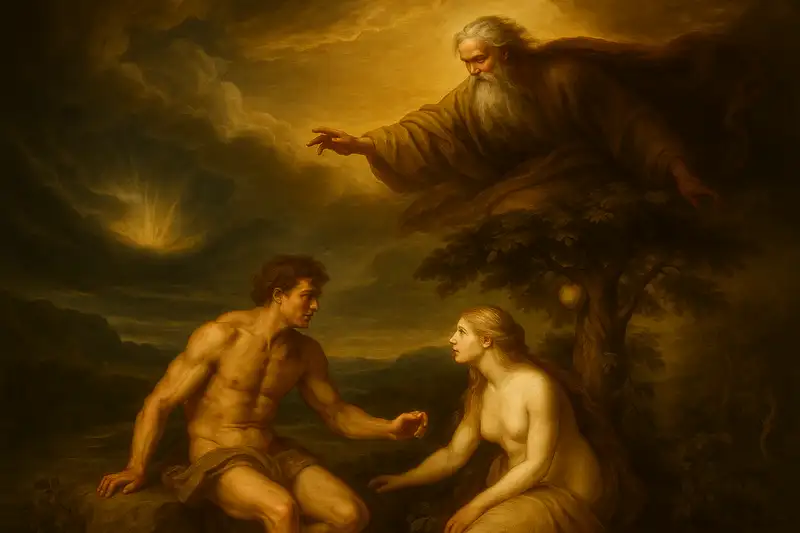 Baroque-style painting inspired by the Book of Genesis, depicting the biblical creation scene with dramatic lighting and symbolic imagery of beginnings, as featured in the Bible Word Search Book Series.