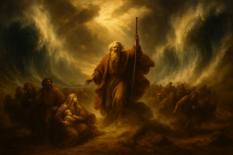 Baroque-style painting depicting Moses leading the Israelites out of Egypt, with dramatic light symbolizing divine guidance, as featured in the Bible Word Search Book Series on Exodus.