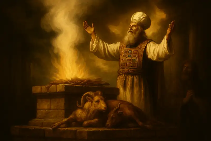 Baroque-style painting illustrating an ancient priest performing a ritual offering at the altar, representing the central themes of holiness, sacrifice, and law from the Book of Leviticus in the Bible Word Search Book Series.