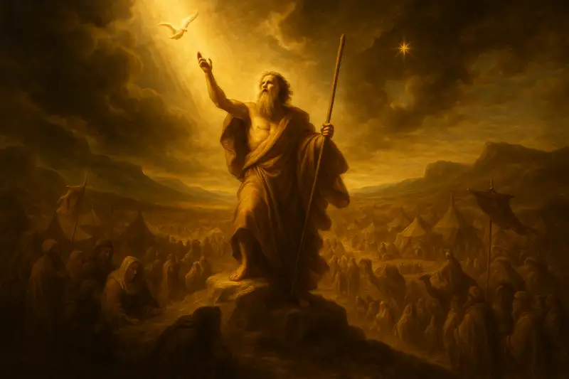 Baroque-style painting of Moses leading the Israelites through the wilderness, symbolizing trials, faith, and divine provision as portrayed in the Book of Numbers from the Bible Word Search Book Series.