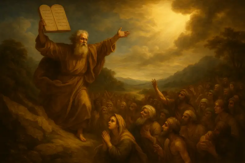 Baroque-style painting of Moses delivering his final speech to the Israelites on Mount Nebo, overlooking the Promised Land, reflecting the themes of legacy, covenant, and transition from the Book of Deuteronomy in the Bible Word Search Book Series.