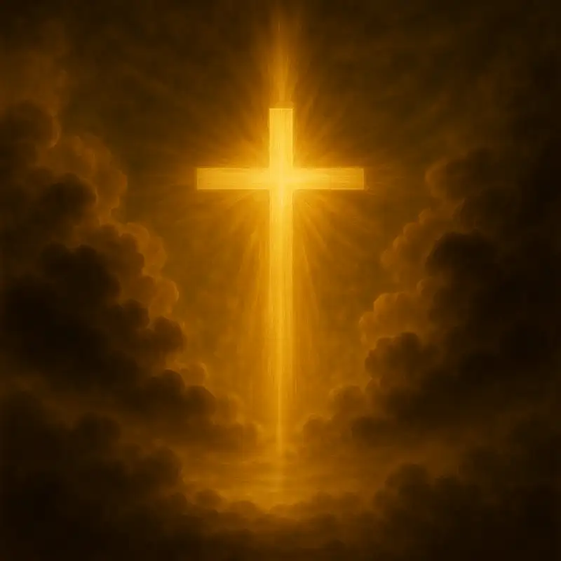 "Baroque-style painting of a glowing golden cross shining through dark clouds, radiating divine light and symbolizing faith and trust in God"