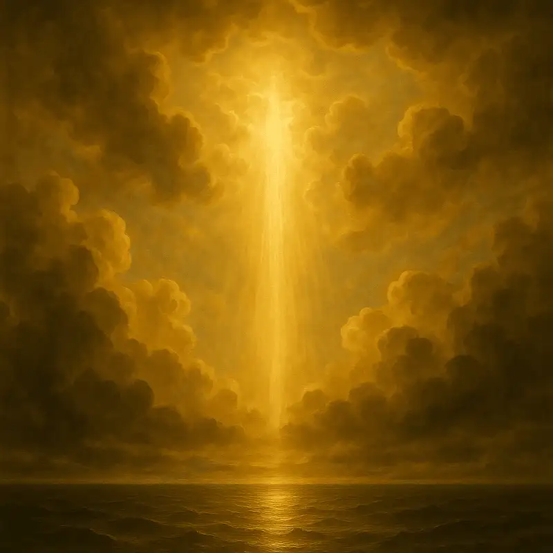 "Baroque-style painting of a radiant beam of golden light breaking through dramatic clouds over a calm sea — symbolizing divine hope and God's promises"