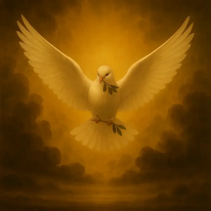 "Baroque-style painting of a white dove with outstretched wings carrying an olive branch, glowing in golden light against a backdrop of dramatic clouds — symbol of love, peace, and compassion"