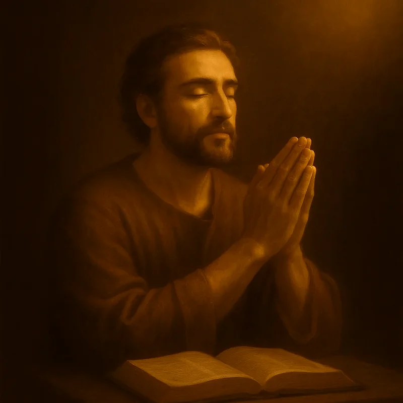 "Baroque-style painting of a praying man with closed eyes, hands clasped in devotion above an open Bible, illuminated by warm golden light — symbolizing prayer and worship"