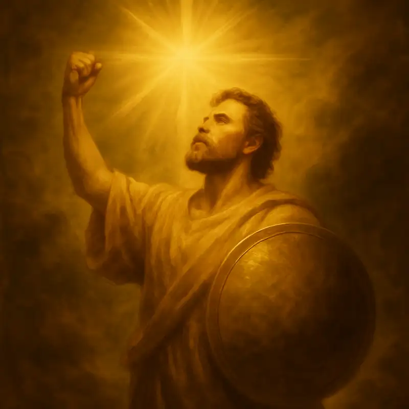 "Baroque-style painting of a warrior of faith standing under a radiant heavenly light, raising his fist with strength and holding a shield — symbolizing spiritual warfare and divine empowerment"