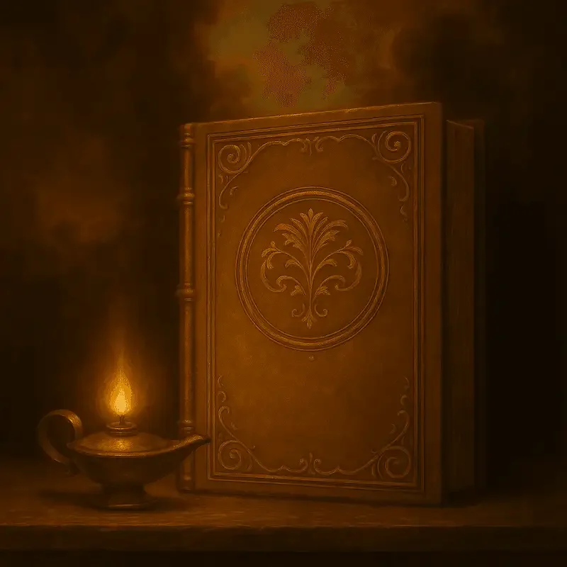"Baroque-style painting of an ornate leather-bound book beside a burning oil lamp, symbolizing wisdom and divine guidance, illuminated by warm golden light"