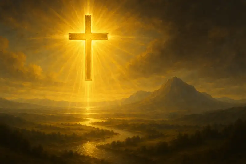 A radiant golden cross shines above a peaceful landscape of mountains and rivers, golden light flooding the sky and earth, symbolizing refuge and blessing in the Son as expressed in the conclusion of Psalm 2 KJV.