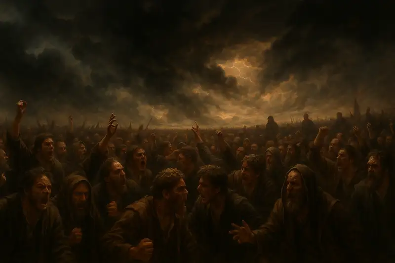 A vast, angry crowd rages beneath a storm-darkened sky, their faces filled with fury and defiance, symbolizing the nations in turmoil as described in Psalm 2 KJV.