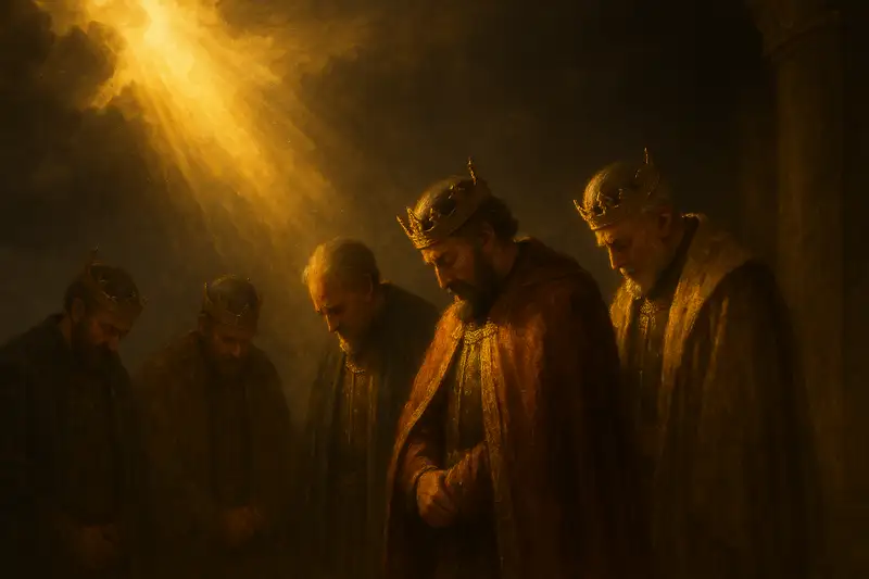 Four earthly kings in ornate crowns and robes bow their heads humbly as radiant golden light streams down from the heavens, symbolizing the divine warning and call to wisdom in Psalm 2:10 KJV.