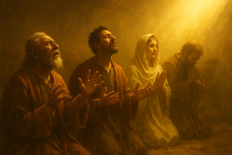 Four worshippers kneel in reverence under a stream of golden divine light, their faces reflecting both awe and joy, symbolizing the call in Psalm 2:11 KJV to serve the Lord with fear and rejoice with trembling.