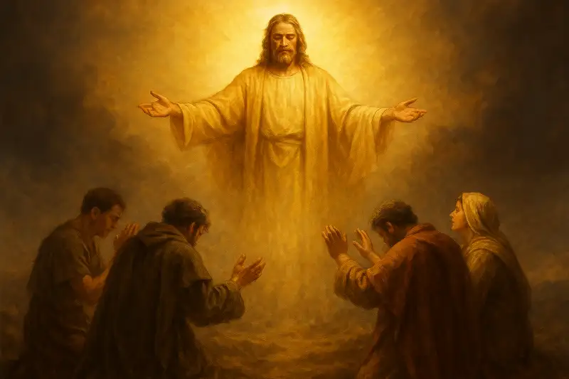 A radiant divine figure clothed in golden robes extends His arms in mercy, while four worshippers kneel before Him in reverence, bathed in heavenly light, symbolizing the warning and blessing of Psalm 2:12 KJV.