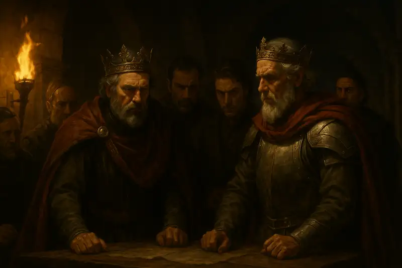 A group of kings and rulers gather in a dimly lit stone chamber, their faces stern and conspiratorial as they plot together against the Lord and His Anointed, reflecting Psalm 2:2 KJV.