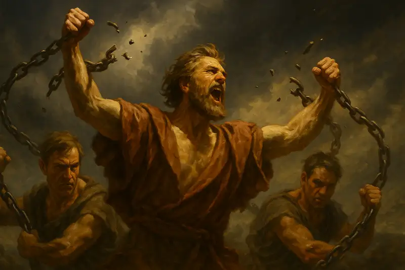 Three defiant men break heavy chains beneath a storm-filled sky, fragments flying as they cast off their bonds, vividly portraying the rebellion described in Psalm 2:3 KJV.