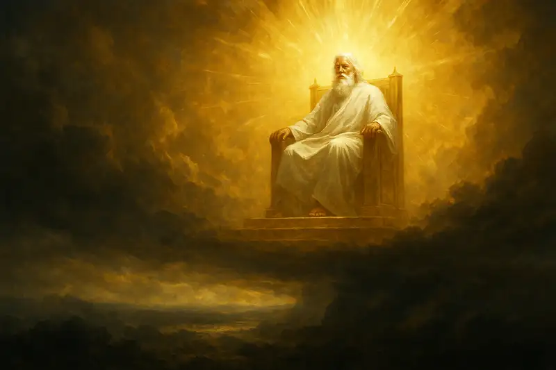 God seated upon a glowing golden throne in the heavens, radiating light and calm authority, while dark storm clouds swirl below, symbolizing His sovereign laughter in Psalm 2:4 KJV.