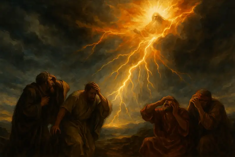 Fiery lightning bursts from the heavens as God appears in radiant glory, while four men in ancient robes cower in fear beneath stormy skies, illustrating divine wrath in Psalm 2:5 KJV.