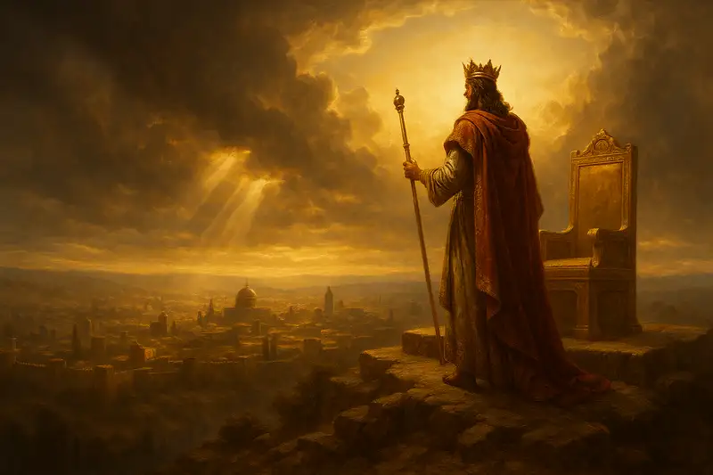 A crowned king stands on Mount Zion with scepter beside an empty golden throne, overlooking Jerusalem bathed in golden light as sunbeams break through storm clouds—illustrating Psalm 2:6, “I have set my King upon my holy hill of Zion.”