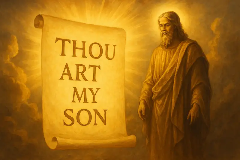 A glowing scroll in the heavens reads “THOU ART MY SON” in bold letters, illuminated by golden light, with a majestic divine figure in radiant robes standing beside it, symbolizing God’s decree in Psalm 2:7 KJV.
