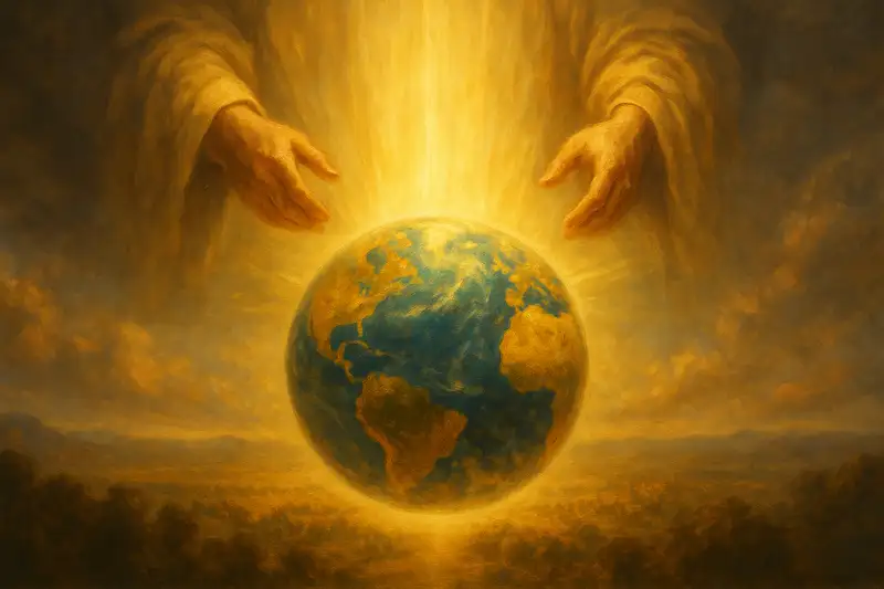 Radiant golden hands extend from the heavens, cradling the glowing earth in divine light, symbolizing the inheritance of the nations and the ends of the earth as promised in Psalm 2:8 KJV.