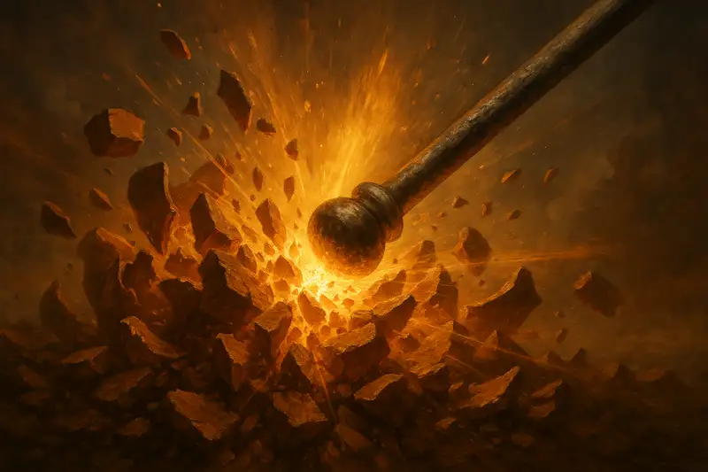 An iron rod strikes clay vessels with explosive force, shattering them into countless fragments as golden light bursts outward, symbolizing the King’s authority in Psalm 2:9 KJV to rule with a rod of iron.