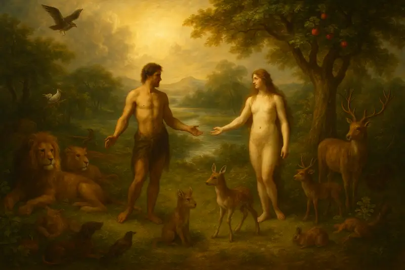 Genesis 2 KJV – Baroque-realistic wide painting of Adam and Eve in the Garden of Eden, surrounded by lions, deer, birds, and other animals under golden light, symbolizing harmony of creation.