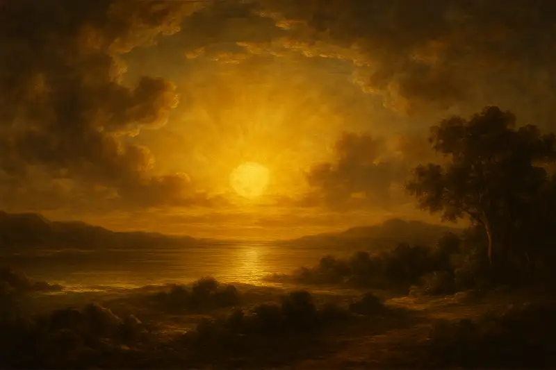 A Baroque-style widescreen painting of the Seven Days of Creation, showing a golden sunset over a calm sea and landscape, symbolizing completion and divine rest.