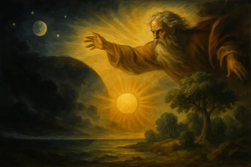 A widescreen classical-style painting of the Seven Days of Creation, showing light breaking through darkness, sky and sea forming, and God’s order shaping the world.