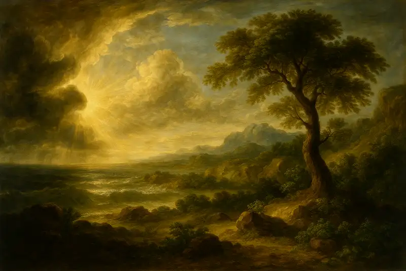 A Baroque-style widescreen painting of Day 3 in the Seven Days of Creation, showing land emerging from the seas and lush vegetation covering the earth.
