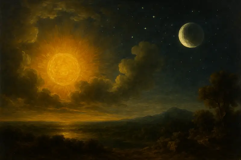 A Baroque-style widescreen painting of Day 4 in the Seven Days of Creation, showing the sun blazing, the moon shining, and stars scattered across the heavens.