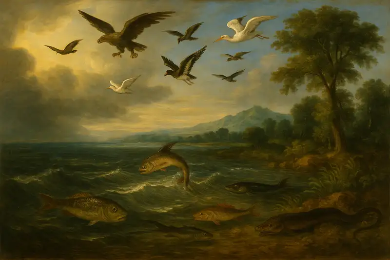 A Baroque-style widescreen painting of Day 5 in the Seven Days of Creation, showing birds flying in the sky and fish swimming and leaping in the sea.