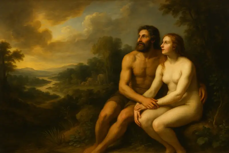 A Baroque-style widescreen painting of Day 6 in the Seven Days of Creation, showing Adam and Eve seated together in the Garden of Eden under golden light.