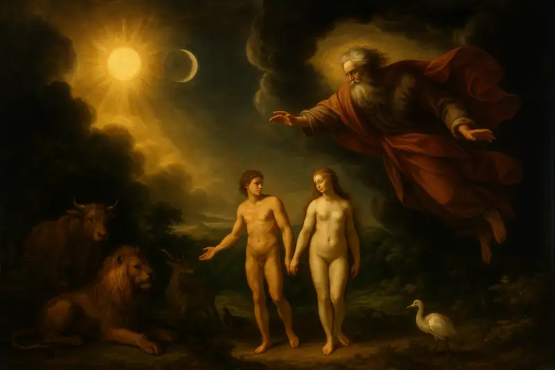 A Baroque-style widescreen painting of the Seven Days of Creation, symbolizing creation ex nihilo with light breaking through darkness, waters divided, and the cosmos ordered in golden light.