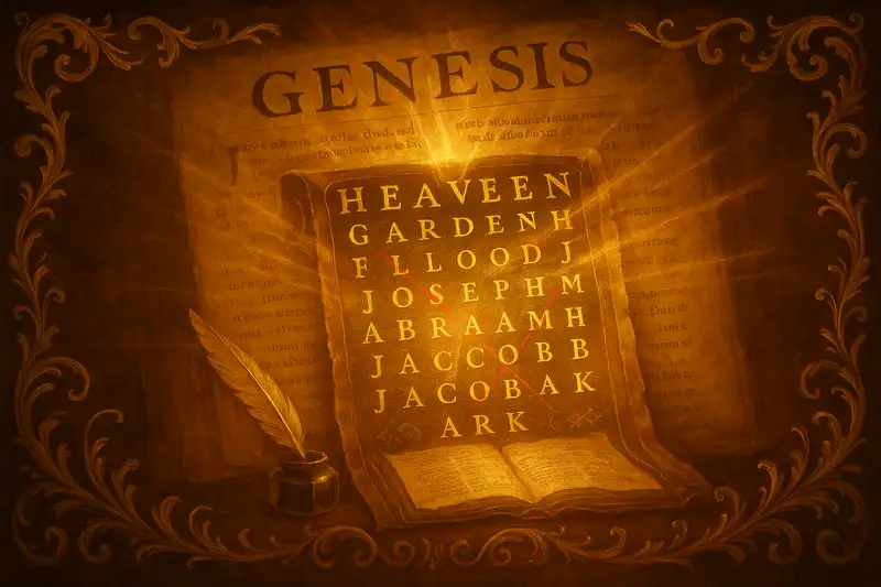 Baroque-style painting of a glowing golden word search puzzle overlaid on an ancient Bible page, with ornate flourishes, highlighted words in red, and radiant divine light shining through.