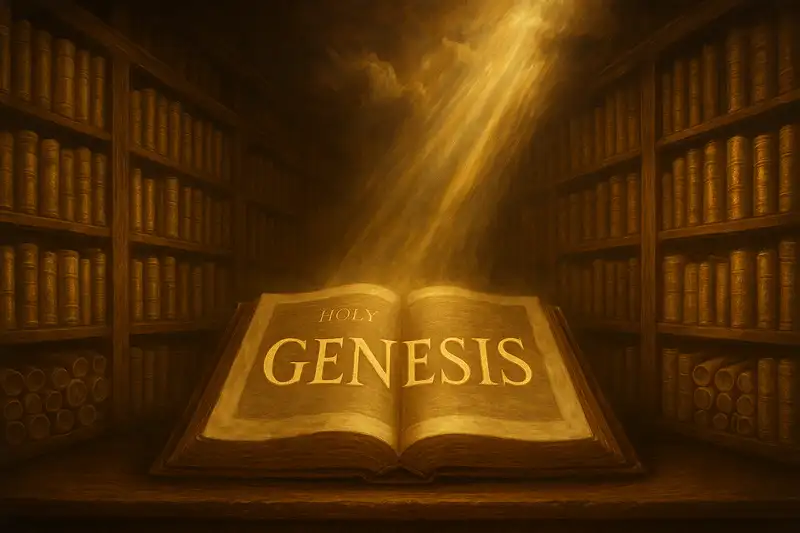 Baroque-style panoramic painting of an open Bible glowing with the word GENESIS, surrounded by shelves filled with golden scrolls and books, illuminated by divine rays of light streaming from above.