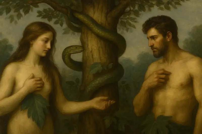 Fall of Man Genesis 3 – Adam and Eve before the Tree of Knowledge, serpent coiled around the trunk, temptation scene.