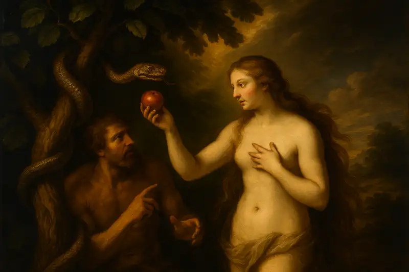 Baroque-inspired painting of the Fall of Man, Genesis 3 – Adam and Eve beneath the Tree of Knowledge of Good and Evil, with the serpent tempting Eve.