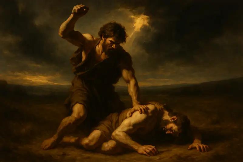 Baroque-style wide digital painting of Genesis 4: Cain stands in the center, striking down Abel in a darkened field, golden light breaking through storm clouds. Genesis 4 Cain and Abel