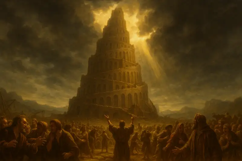 Baroque-style wide digital painting of Genesis 11: the Tower of Babel rises into storm clouds, golden light breaking through as people below argue and scatter in confusion.