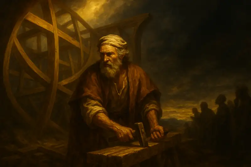 Genesis 6 - Baroque-style wide digital painting of Genesis 6: Noah building the ark under golden divine light, dark storm clouds and shadowy figures looming in the background.
