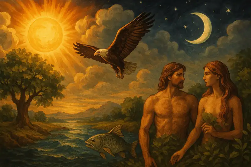 Genesis 1–2 A traditional-style digital illustration of the Seven Days of Creation, showing sun, moon, stars, eagle, fish, trees, and Adam and Eve in a lush landscape.