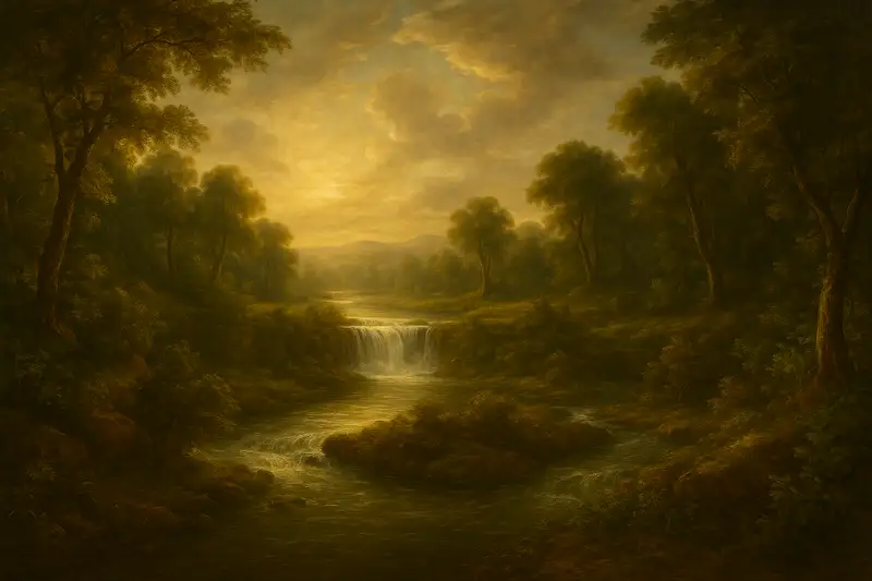 Genesis 2 KJV – Baroque-realistic wide painting of the four rivers of Eden flowing from a central source through lush green landscape under golden light.