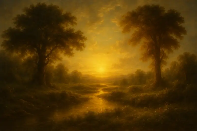 Genesis 2 KJV – Baroque-realistic wide painting of Eden at dawn, golden light symbolizing the sanctified seventh day and divine rest.