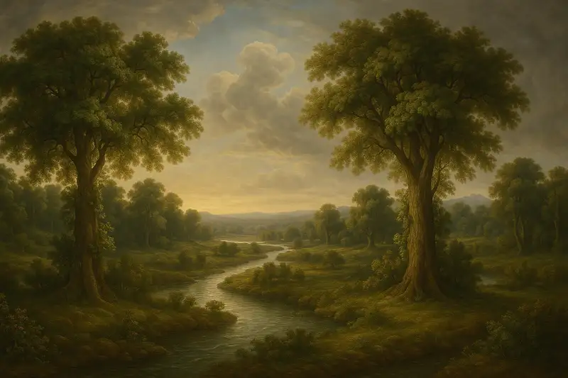 Genesis 2 KJV – Garden of Eden with two great trees and a river flowing through lush, golden-lit landscape.