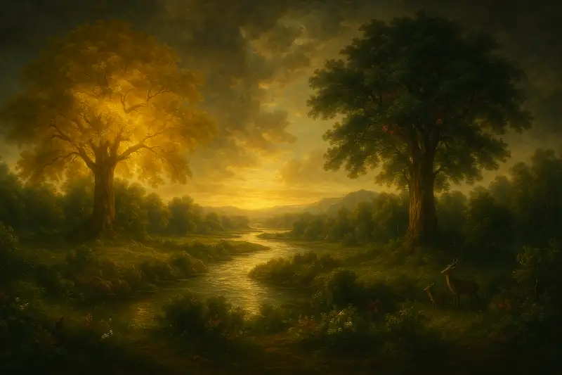 Genesis 2 KJV – Baroque-realistic wide painting of the Garden of Eden with two great trees, a golden river flowing between them, and warm sunset light.
