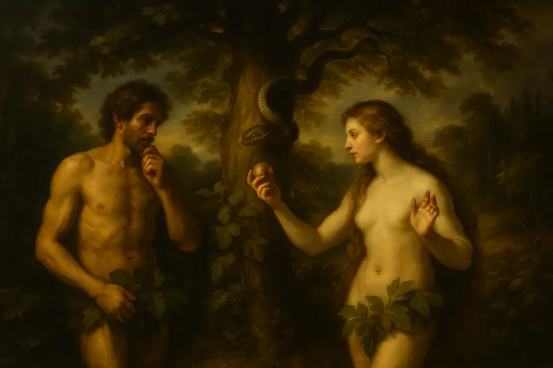 Baroque-style widescreen painting of Genesis 3 – Adam and Eve before the Tree of Knowledge, serpent tempting Eve, dramatic golden light.