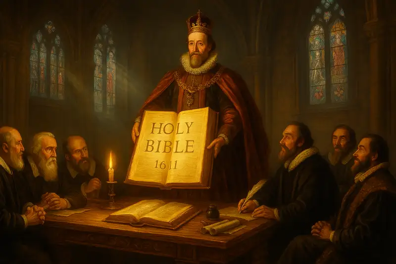 Baroque-style painting of King James I presenting the 1611 Holy Bible to scholars in a cathedral hall with glowing pages and stained glass light beams.