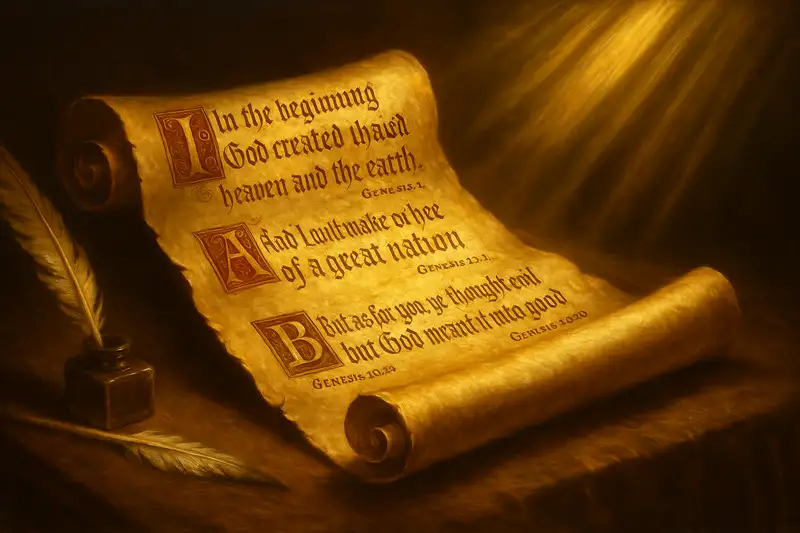 Baroque-style painting of a golden scroll illuminated by divine light, inscribed with Genesis verses in ornate calligraphy, quill and inkwell beside it, glowing in warm golden tones.