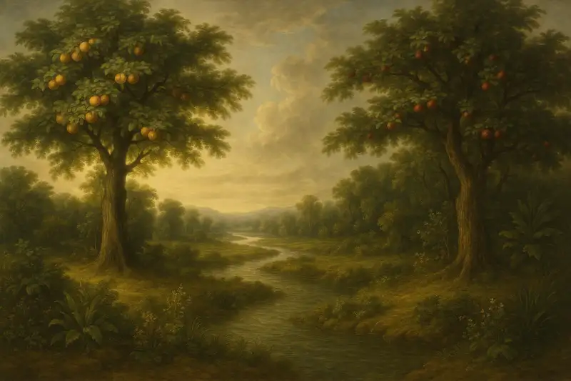 Genesis 2 KJV – Baroque-realistic wide painting of the Garden of Eden with the Tree of Life bearing golden fruit and the Tree of Knowledge with red fruit, divided by a winding river under golden light.