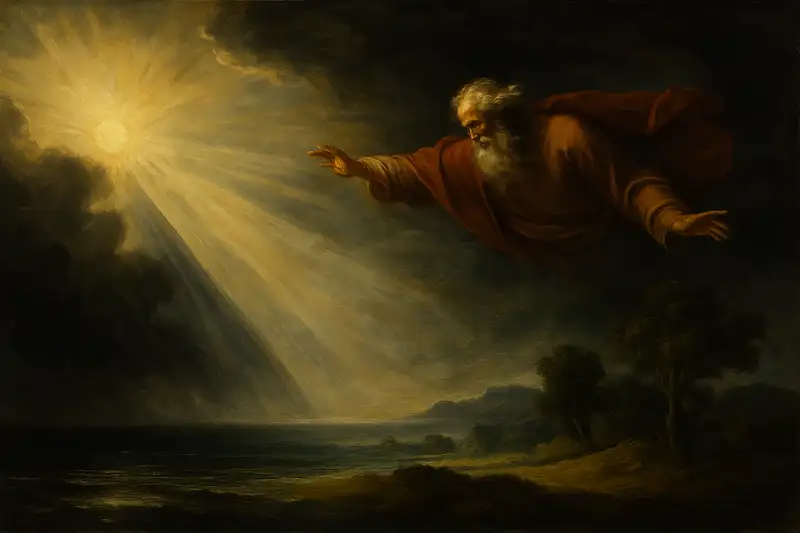 A Baroque-style widescreen painting of the first day in the Seven Days of Creation, showing God commanding light to pierce the darkness over the earth.