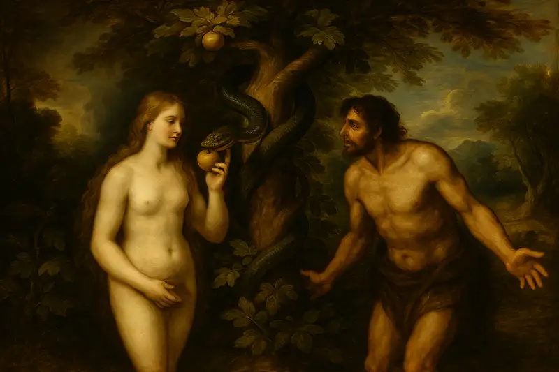 Baroque widescreen painting of the Fall of Man in Genesis 3 – Adam and Eve at the Tree of Knowledge of Good and Evil with the serpent tempting Eve.